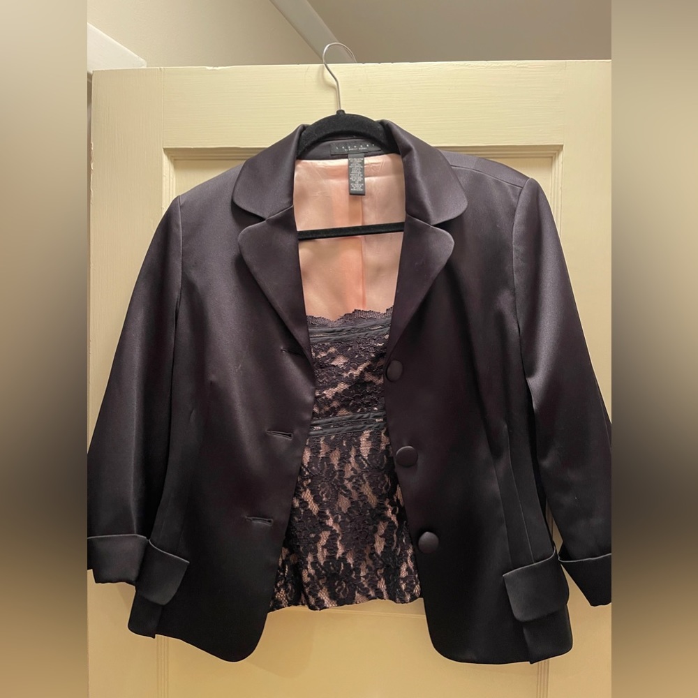 Laundry black satin blazer & a lace black and pink top with spaghetti straps